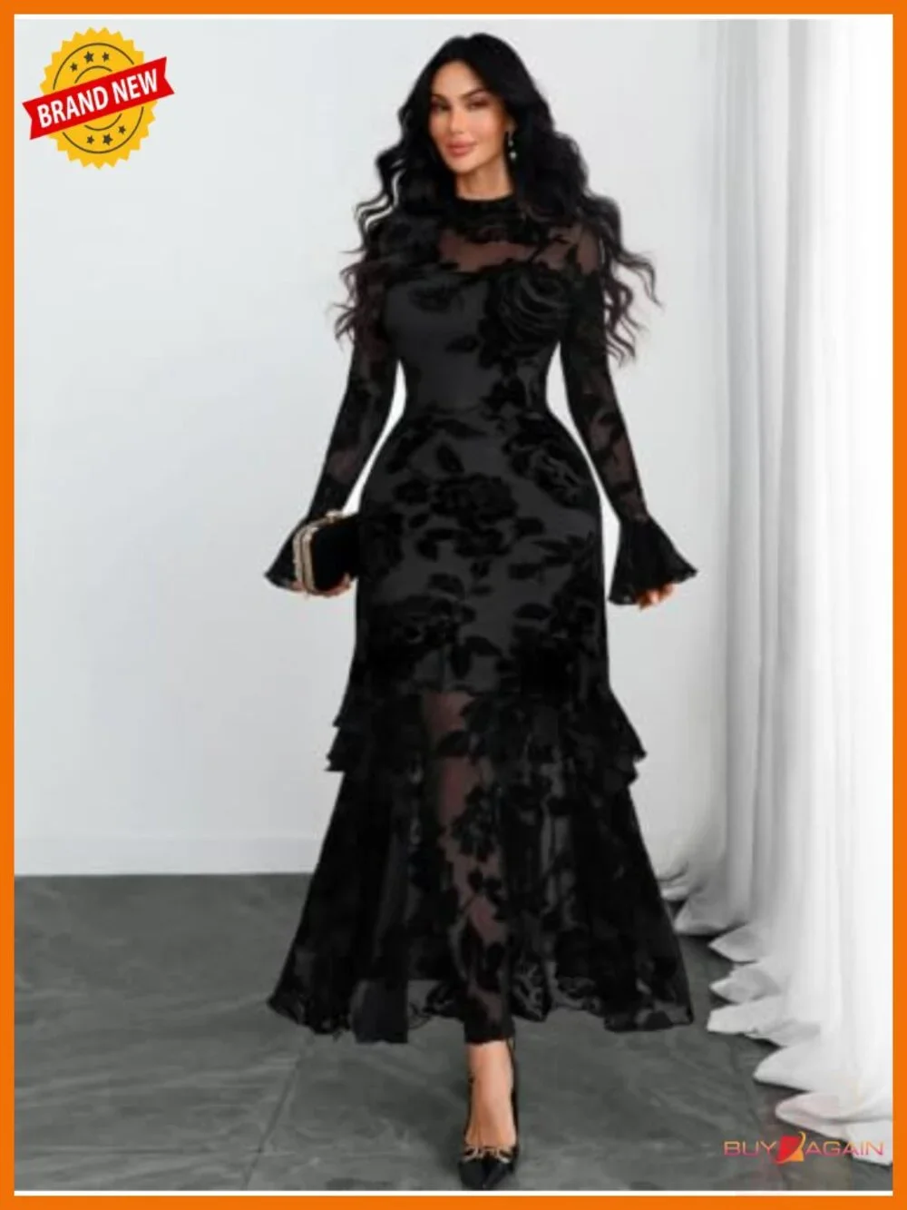 Women Floral Maxi Dress Bell Sleeve Mermaid Hem Wedding Guest Party